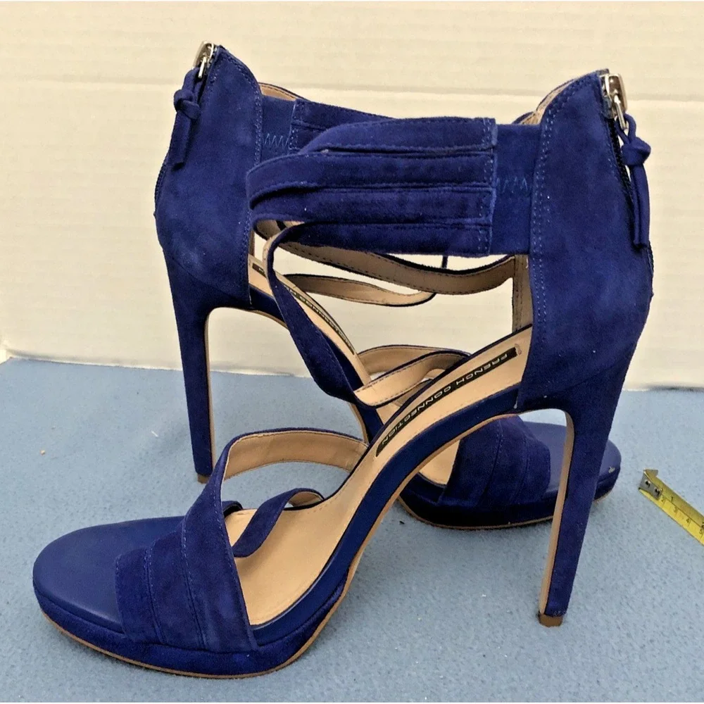 French‎ Connection Women's Blue Suede Slip-On Open Toe Zip Back Heels - Sz 9